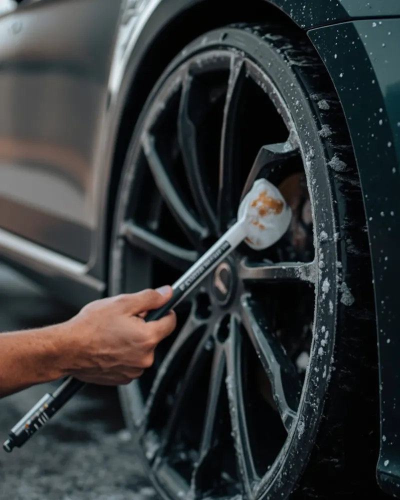 Een velg schoonmaken met een zachte borstel